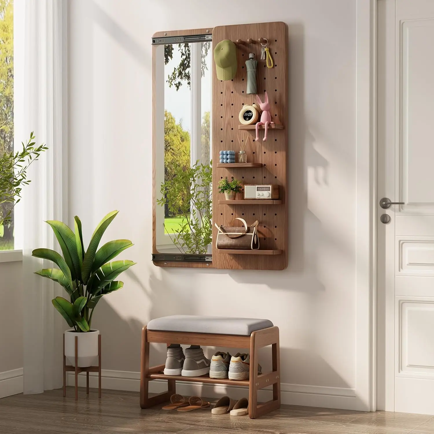 Three-in-One High Definition Mirror with Wooden Frame and Built-in Storage Shelves for Entryway Organization Modern Design Ideal for Tidy and Organized Spaces