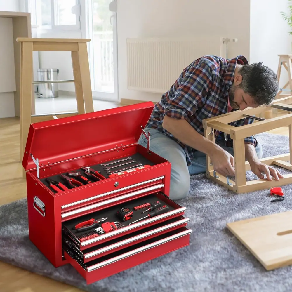 24-Inch Portable Toolbox Featuring 5 Drawers And a Top Storage Tray, a Lockable Metal Tool Chest Cabinet Suitable for Garages, Warehouses, Repair Shops, And Homes, in Red