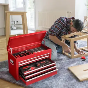 24-Inch Portable Toolbox Featuring 5 Drawers And a Top Storage Tray, a Lockable Metal Tool Chest Cabinet Suitable for Garages, Warehouses, Repair Shops, And Homes, in Red