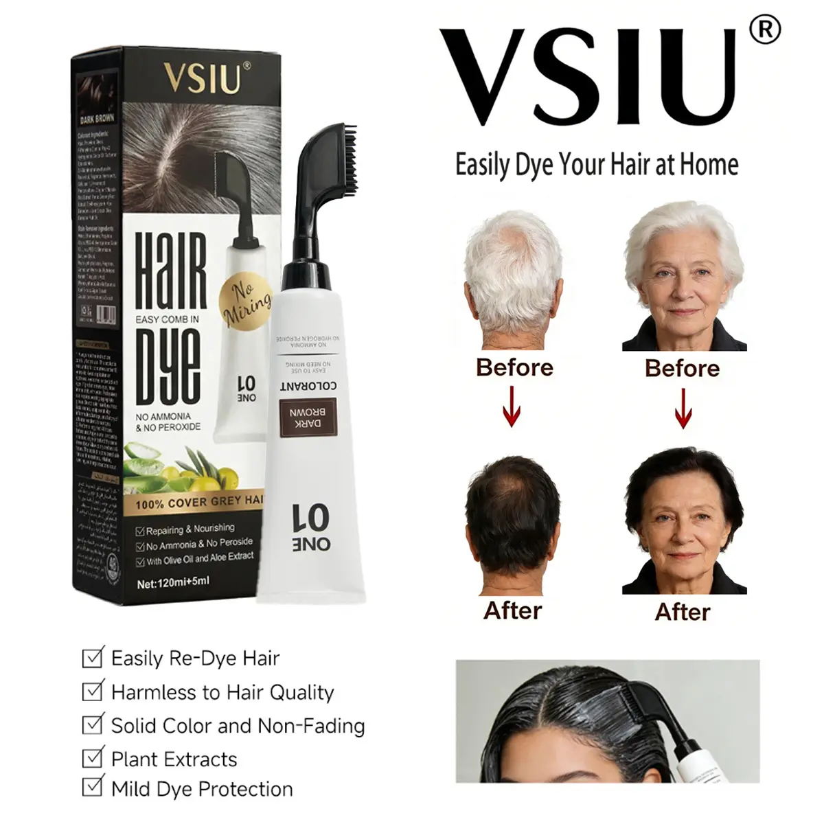 VSIU Hair Dye - Easy Combing Formula, 100% Cover Grey Hair, No Ammonia & Peroxide, Solid Color, Non-Fading, Plant Extracts, Mild Dye Protection