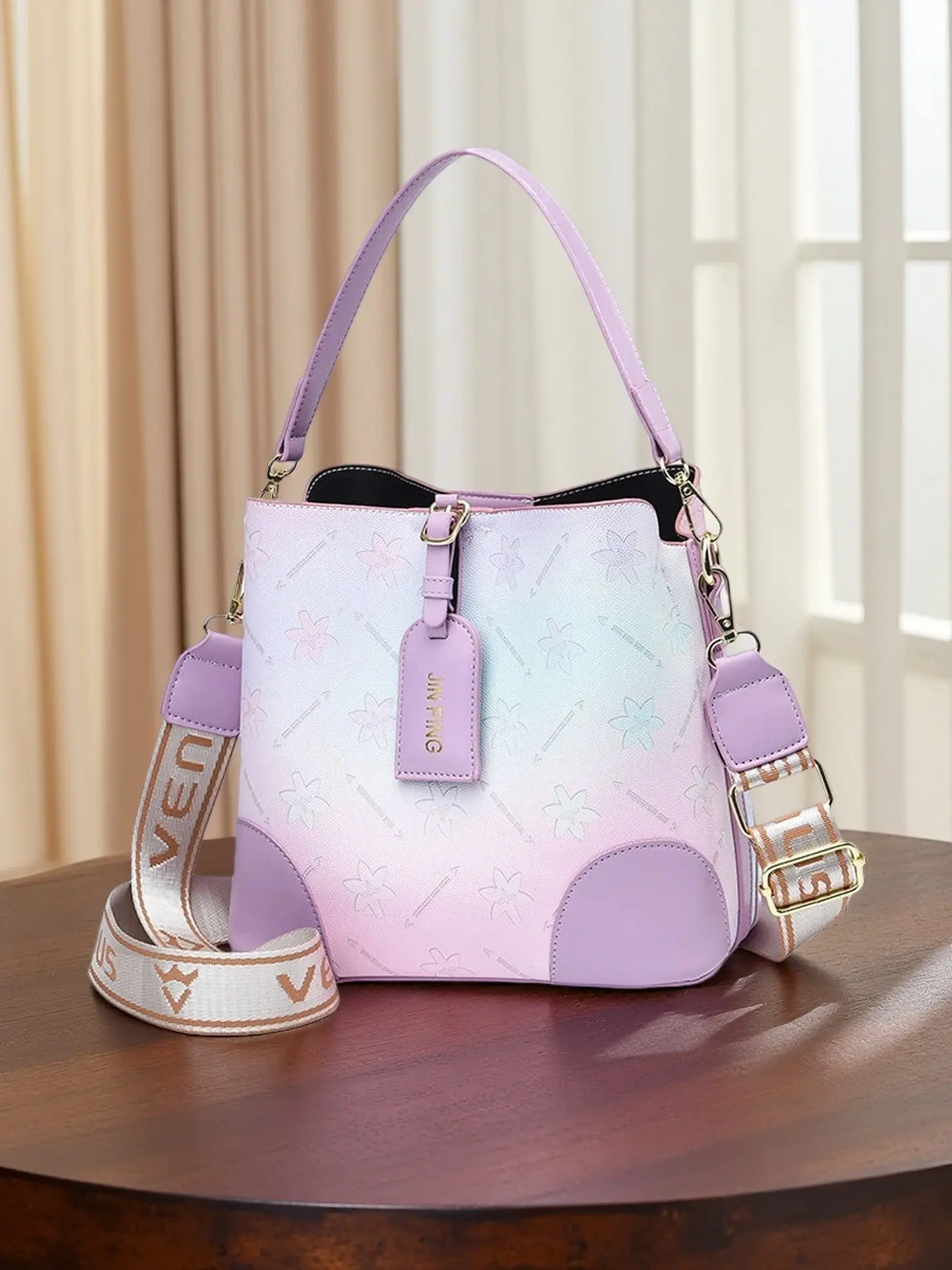 Ladies' gradient color design bucket crossbody bag, Handbag Sling Bag, two shoulder straps, can be slung over one shoulder in various ways, layered interior space, suitable for daily use, shopping and travel, birthday gifts, Valentine's Day gifts