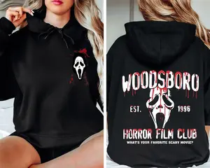 Woodsboro Horror Film Club 2 Sided Hoodie, Horror Film Club Hoodie, Woodsboro Scream Hoodie, Scream Ghostface Hoodie, Ghostface Halloween Sweater, Scary Movie Hoodie