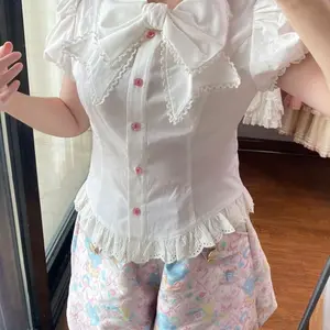 Fashion Design Kawaii white T-shirts Japanese Pretty Sweet Lace short sleeve Tees Women summer lovely Slim Thin bow outfits new