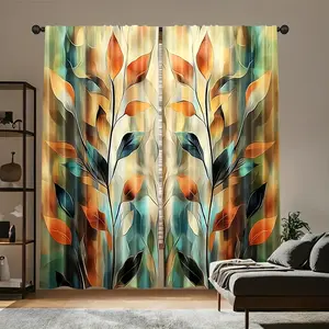 2-Piece Art Deco style curtains, all season 100% polyester, art leaf print with vibrant fall colors, rod pocket design, suitable for living room bedroom kitchen office home decoration curtains - no rod, easy to hang curtains.