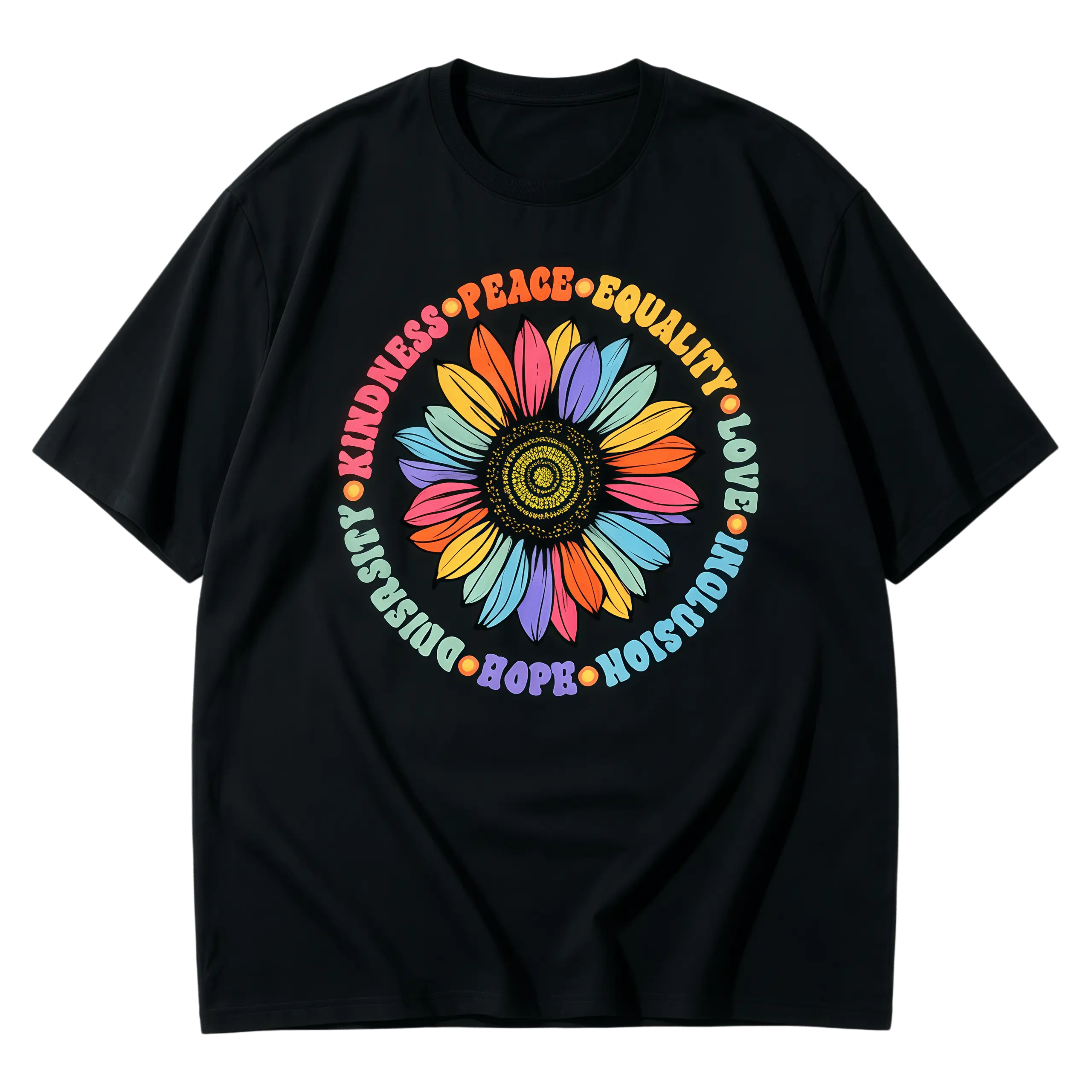Women's Hippie Graphic T-Shirt in Soft  with Rainbow Sunflower Equality & Hope Print, Casual Short Sleeve for Outdoors, Positive Message, Basic