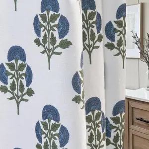 Blue Floral Shower Curtain Hookless - 72x72 Inches, Blend Cloth Fabric,Girly Cute  Style with Green Block Print for  Country Bathroom Decor