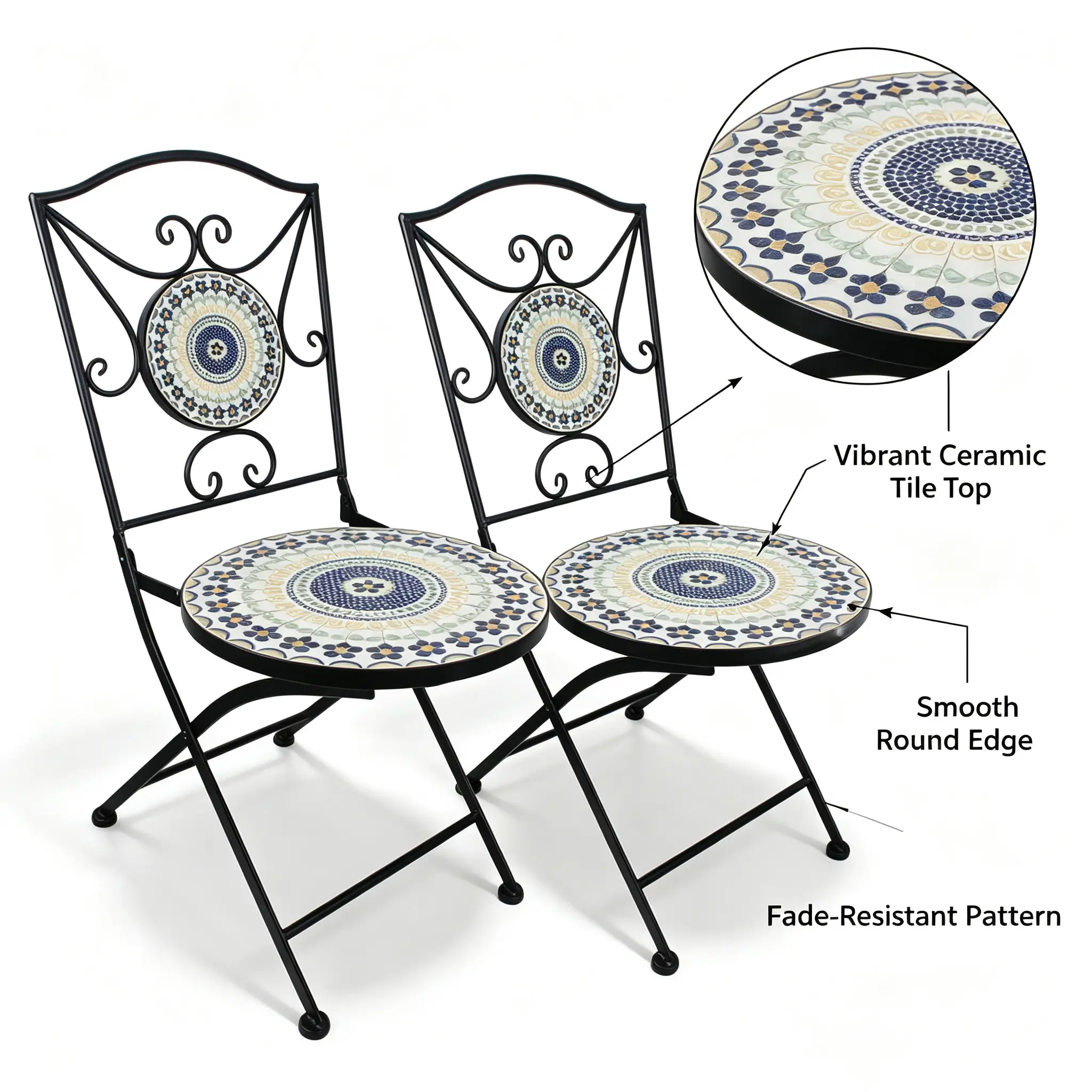 2-Piece Mosaic Ceramic Tile Folding Patio Chairs, Rustproof Metal Bistro Chairs for Garden, Backyard Outdoor Decor