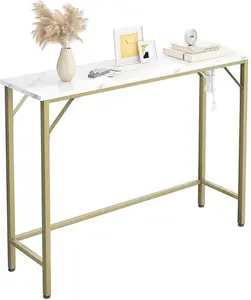 Narrow Sofa Table, Console Table with Power Outlets & USB Ports, Gold 39.4" Industrial Entryway Table