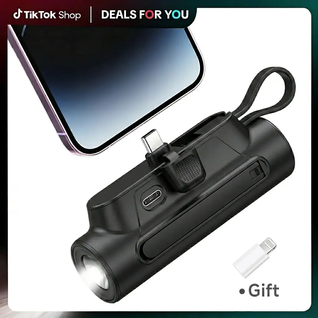 Mini Capsule Power Bank 5000mAh – USB-C Portable Charger with Built-in Cable, Kickstand & Flashlight, Compact Pocket Battery Pack for iPhone 17/16, Samsung S26/S25, Pixel 10