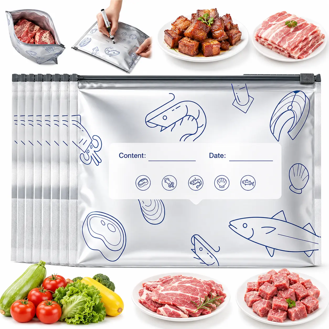 90PCS 3 Size Reusable Aluminum Foil Sealable Storage Bags 2026 New Resealable Vacuum Zipper Pouches for Food Stand Up Foil Sealable Bags with Label and Zip Lock for Vegetable Fruit Meat