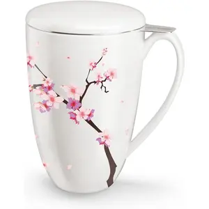 Tea Cup with Infuser and Lid for Steeping Loose Leaf Tea Bag Coffee Milk Women Office Home Gift 16oz Peach Blossoms