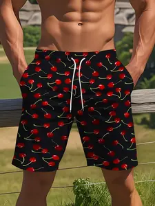 Men's Cherry Pattern Beach Shorts, Summer Vacation Fashion Swimwear, All over Print Fitted H-Type Pants, Casual Style