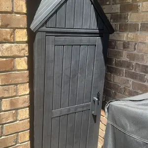 Resin Outdoor Storage Cabinet,Lockable Vertical Garden Tool Storage Shed with Built‑in Hooks & Shelf, Weather‑Resistant Outside Tool Shed for Yard Patio, Black