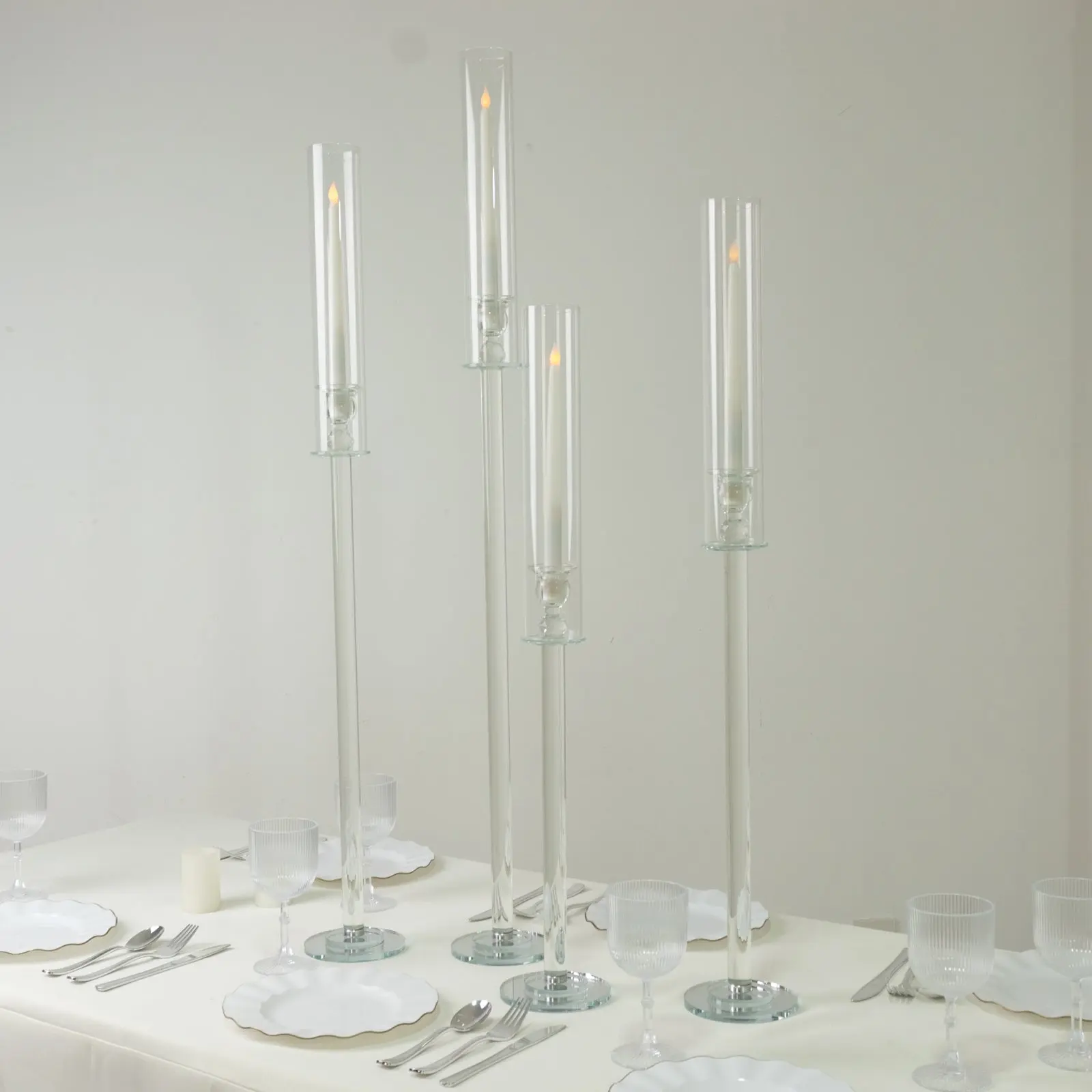 Set of 4 Crystal Glass Hurricane Taper Candle Holders, Decorative Tall Candle Stands Clear Cylinder Chimney Tubes 29", 33", 37", 41"