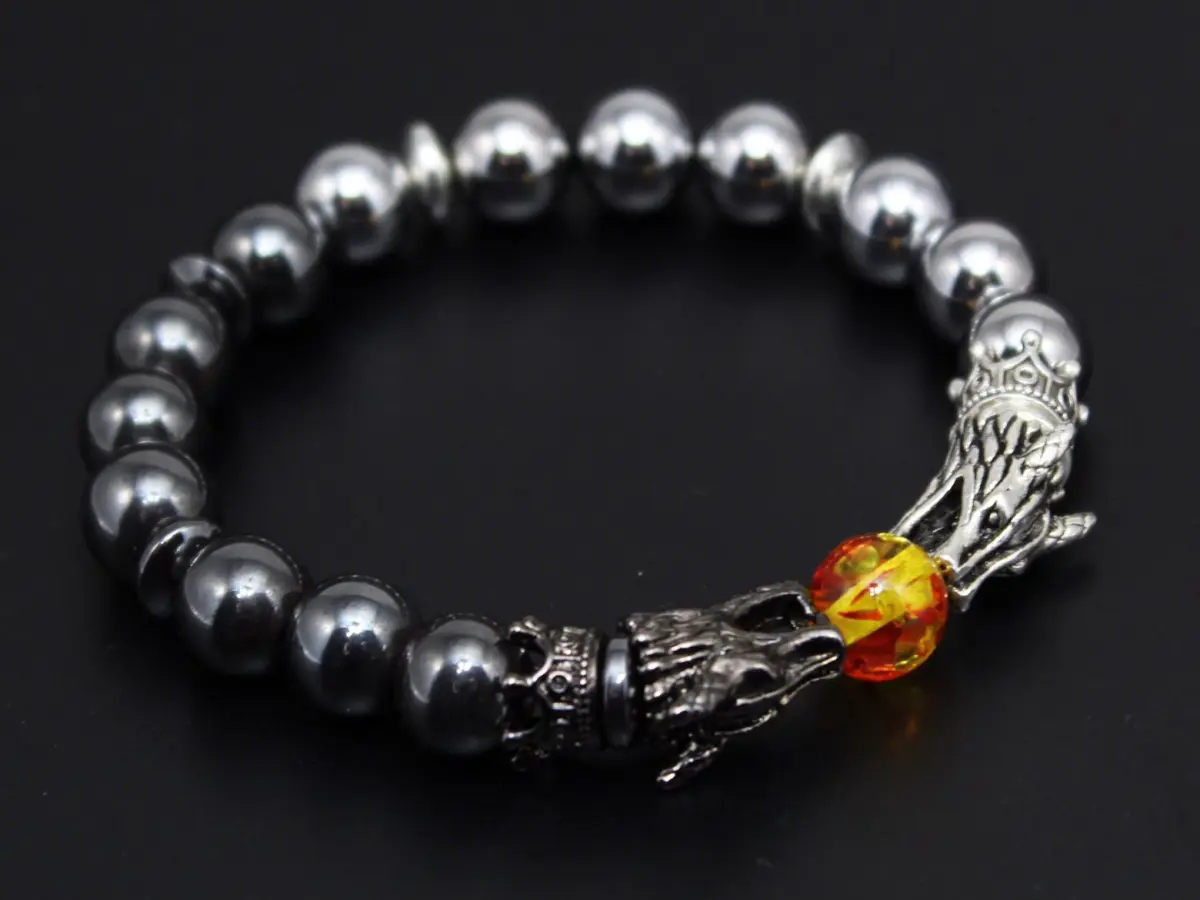 Two Tone Dragon, Grey/Silver Hematite Bracelet, Viking Bracelet, Beaded Bracelet Men, Gift for Him, Boyfriend Gift, Father’s Day Gift.