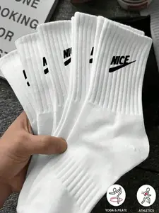 5 Pairs Letter Pattern Unisex Mid-Calf Casual Sports Socks, Sporty Fitted All Seasons, Plain Design, Running Socks