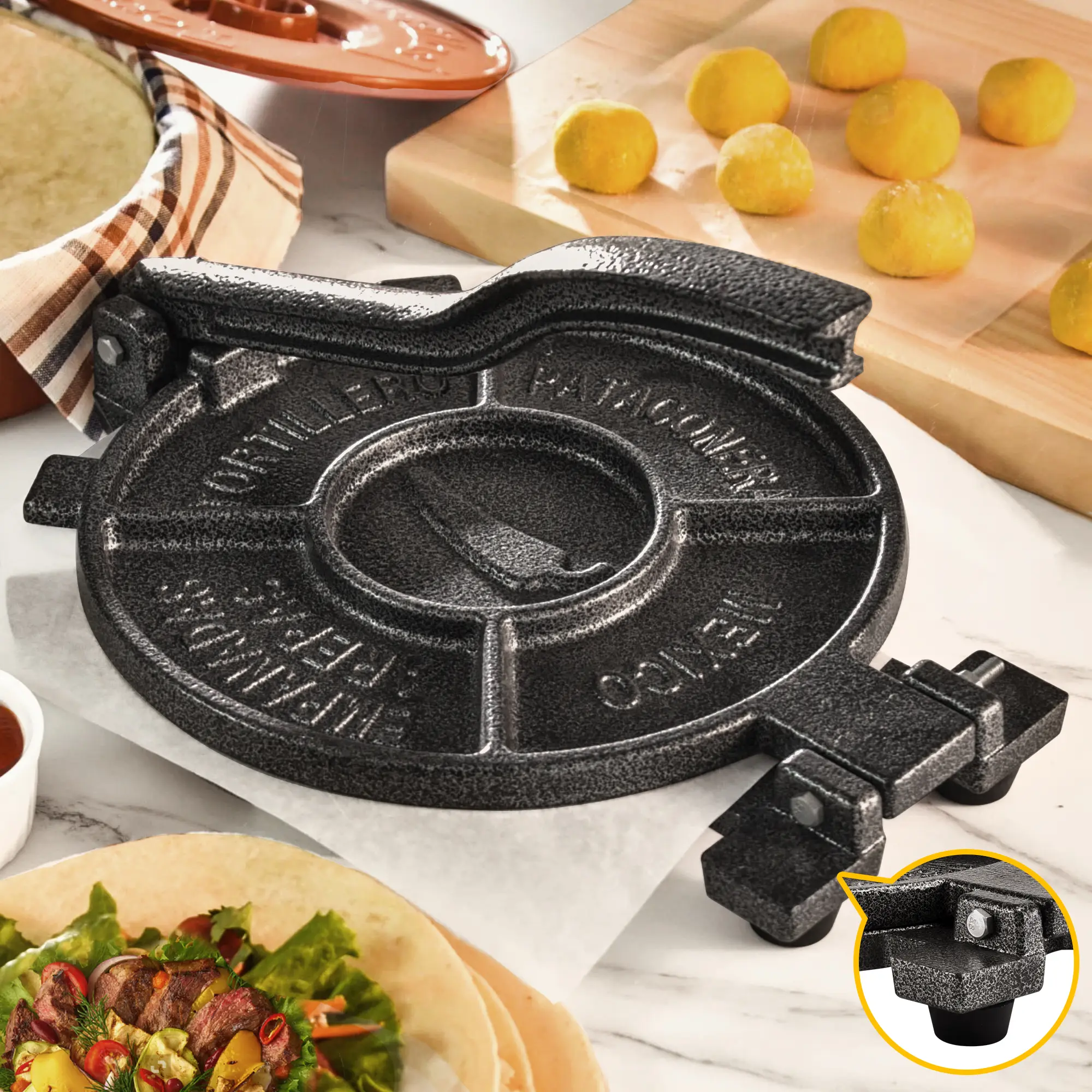 Mexican Tortilla Press 10 Inch Heavy Duty Cast Iron-Includes 100 Parchment Paper Sheets, Tortillera Pataconera for Tacos, Roti, Flour Tortillas, Black Gray