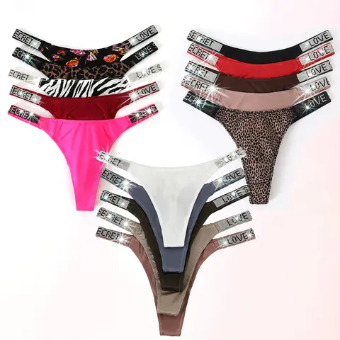 JROZXF Women's 5-Set Solid Panty Thongs - Sexy Rhinestone & Letter Embellishments, Soft Stretchy Spandex-Nylon Fabric, for Everyday & Wedding Wear (Pink, Blue, Beige, Black, White, Red)