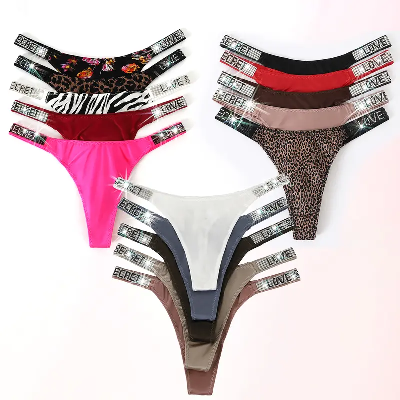 JROZXF Women's 5-Set Solid Panty Thongs - Sexy Rhinestone & Letter Embellishments, Soft Stretchy Spandex-Nylon Fabric, for Everyday & Wedding Wear (Pink, Blue, Beige, Black, White, Red)
