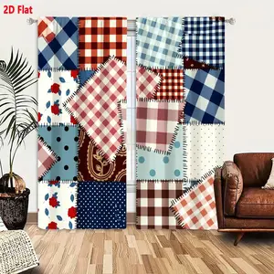 2D Flat  2-Piece Patchwork Quilted Curtains, Vibrant Red Blue Brown Patterns with Checkered, Floral, Polka Dot, Paisley Designs, Cozy Traditional Quilting Style, Light Filtering Window Drapes for Bedroom Living Room, Irregular Patchwork Arrangement