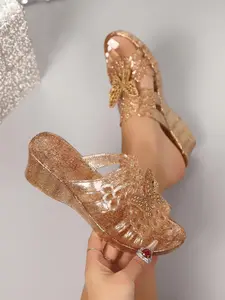 Women's Fashionable Butterfly Decorated Wedge Sandals, Elegant Glittering Sandals, Glitter Strappy Sandals for Beach Vacation, Casual Versatile Shoes for Daily Wear, Summer, Butterfly Embellished Footwear