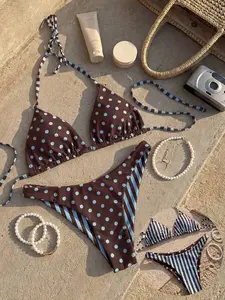 YCHIC Polka Dot and Striped Print Halter Backless Reversible Tie Front Crop Top and Bikini Bottoms 2 Piece Sexy Beach Outfit for Women