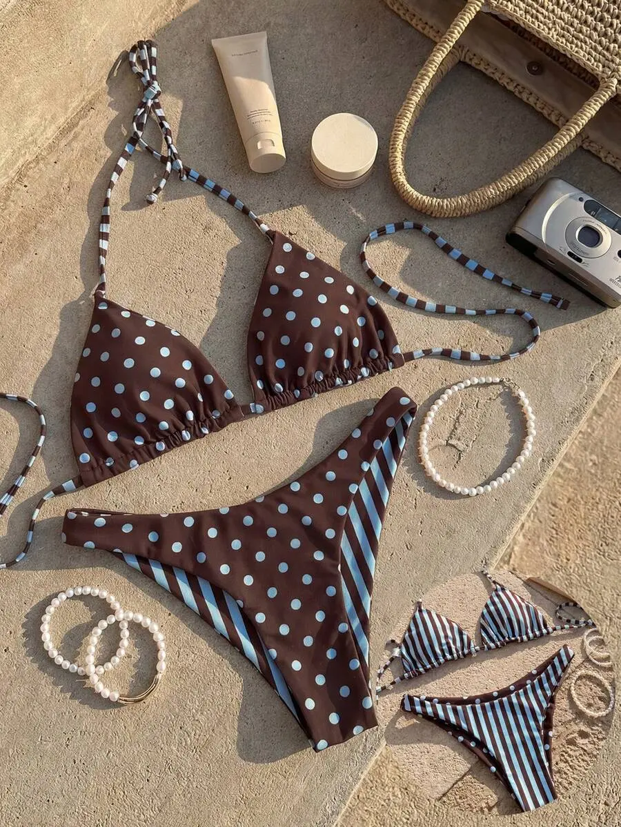 YCHIC Polka Dot and Striped Print Halter Backless Reversible Tie Front Crop Top and Bikini Bottoms 2 Piece Sexy Beach Outfit for Women
