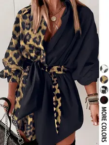 1pc Women's Leopard Patchwork Bishop Sleeve Long Sleeve Shirt Dress with Self-Tie Waist (Custom Fit), Oversized Silhouette, Multiple Color Options