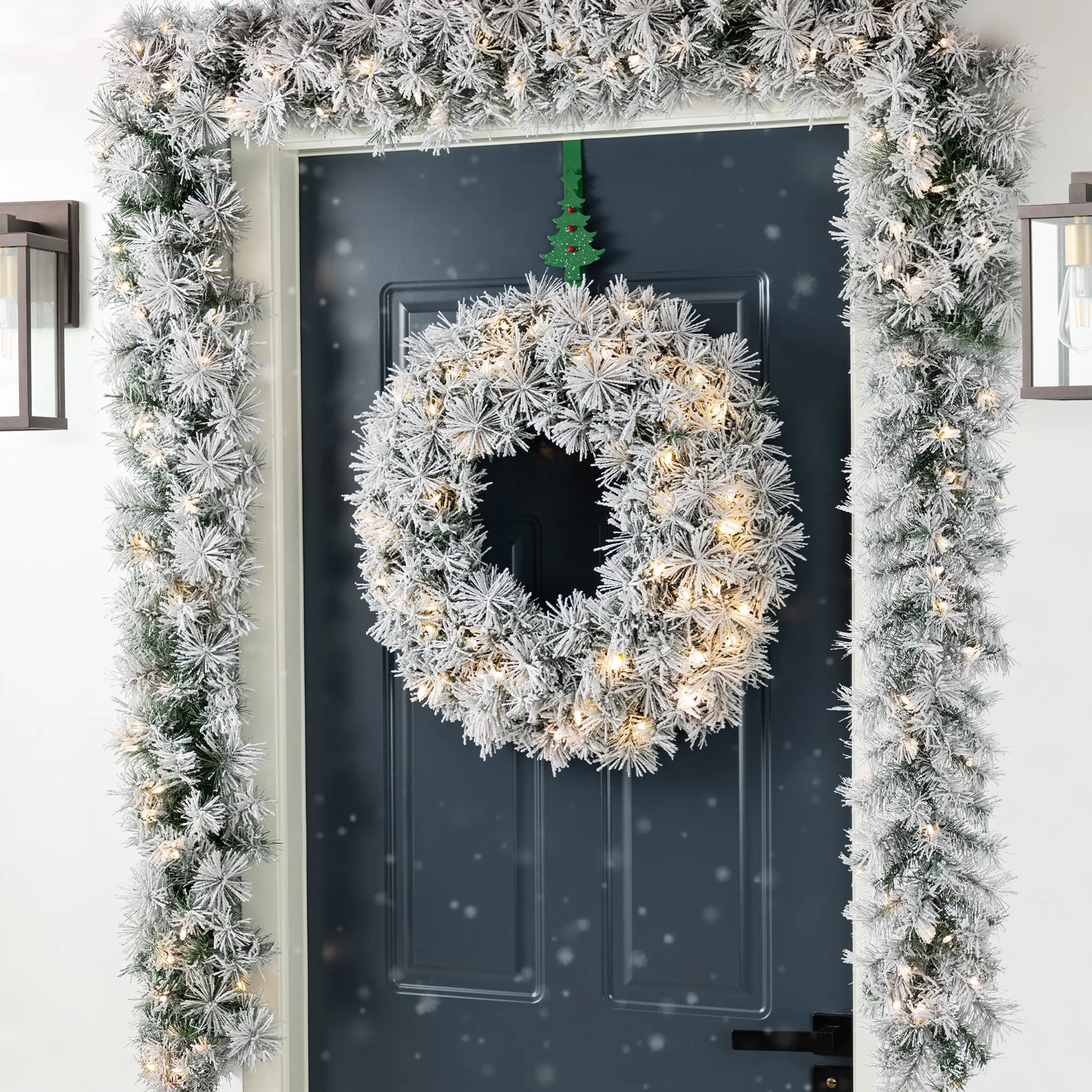 Glitzhome Pre-Lit Snow Flocked White & Greenery Pine Christmas Decor Set - Artificial Wreaths, Garlands & Swags, Teardrop LED Decor for Front Door, Garland&Wreath Home Festive Decorations, Front Door Decor