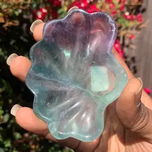 Purple and Green Fluorite Crystal Shell Bowl UV Reactive Medium Home Ornament