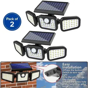 Wireless Solar Motion Sensor LED Lights 2 Pack Outdoor, IP65 Waterproof Security Lights, 3 Modes 6500K Bright Wall Lamp for Driveway Garage