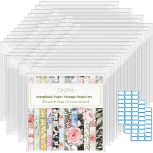 10 PCS 12 x 12 Inch Scrapbook Paper Storage Organizer with Label Stickers Clear Paper Storage Bag for Holding Scrapbooking Vinyl Photos and File Enclosed Storage