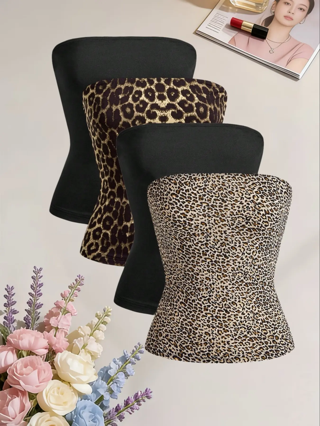 Sexy Leopard Print Pattern Plain Fitted Tube Top Tank Top, Summer Chic Fashion Versatile Slimming Strapless Design Short Innerwear Set, Four-Piece for Women