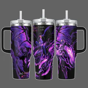 Sung Jin Woo Solo Leveling Stainless Steel Insulated Travel Tumbler With Handle and Straw Lid, 20oz 40oz, Purple Shadow Dragon Full Wrap Anime Cup