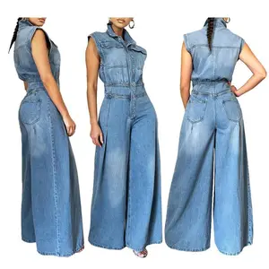 2025SpringNewTopsAndPantsOnesieWomen'sStyleCasualWashSleevelessDenimJumpsuitWide-leg