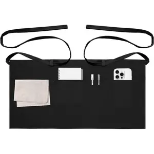 Server Aprons with 3 Pockets, Waitress Waiter Waist Apron, Half Short Serving Apron for Women Men, Black 1 Pack, 12 inch