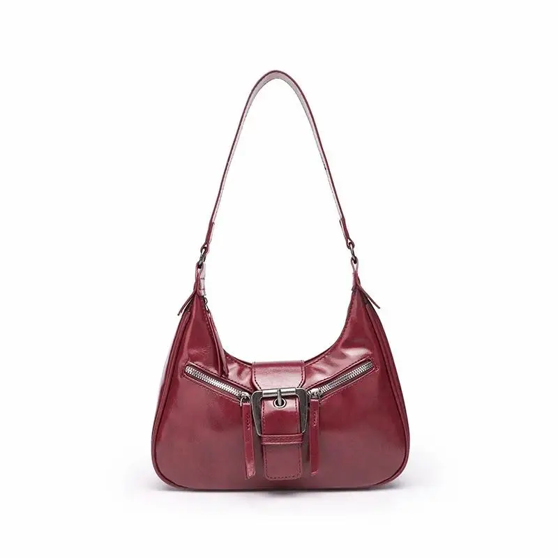 Women's Retro Y2k PU Leather Saddle Shoulder Bag, Daily Use Bag with Stylish Buckle Closure, Crossbody Strap, Phone Compatible Rich Maroon Phone Purse