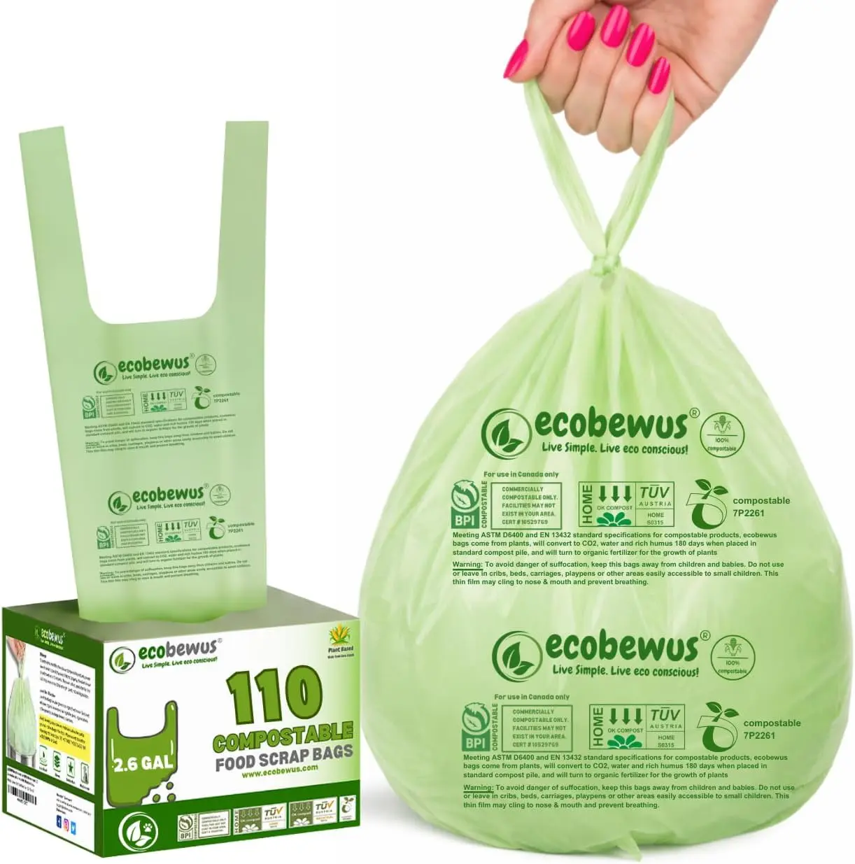 2.6 Gallon 100% Compostable Bags Handle Tie (110 Bags) 9.84L Small Compost Trash Bags Food Scrap Garbage Bags US BPI Certified TUV OK Compost Home Certified Meeting ASTM D6400 (110 ct.)