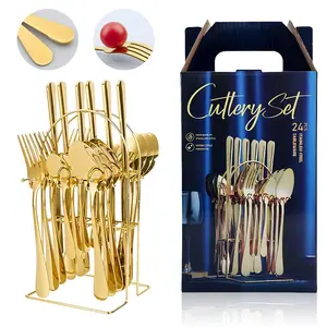 24 Piece Stainless Steel Hanging Flatware Set – Gold Cutlery with Stand, Complete Fork, Knife & Spoon Set for Service for 6, Dishwasher Safe