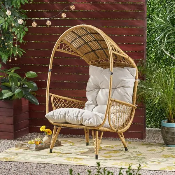 Outdoor Wicker Basket Chair with Cushions, Faux Rattan Standing Egg Chair for Patio, Porch, Lawn, Garden, Backyard or Balcony, Handwoven Lounge Chair with Water-Resistant Fabric, Brown+Beige