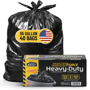 MAAXForce 55 Gallon Contractor Trash Bags with Flap Ties - (40-Count) | 2 Mil Heavy-Duty Large Black Garbage Bags - Leak-Proof & Puncture-Resistant Disposable Plastic Bags for Construction, Home & Yard Cleanouts