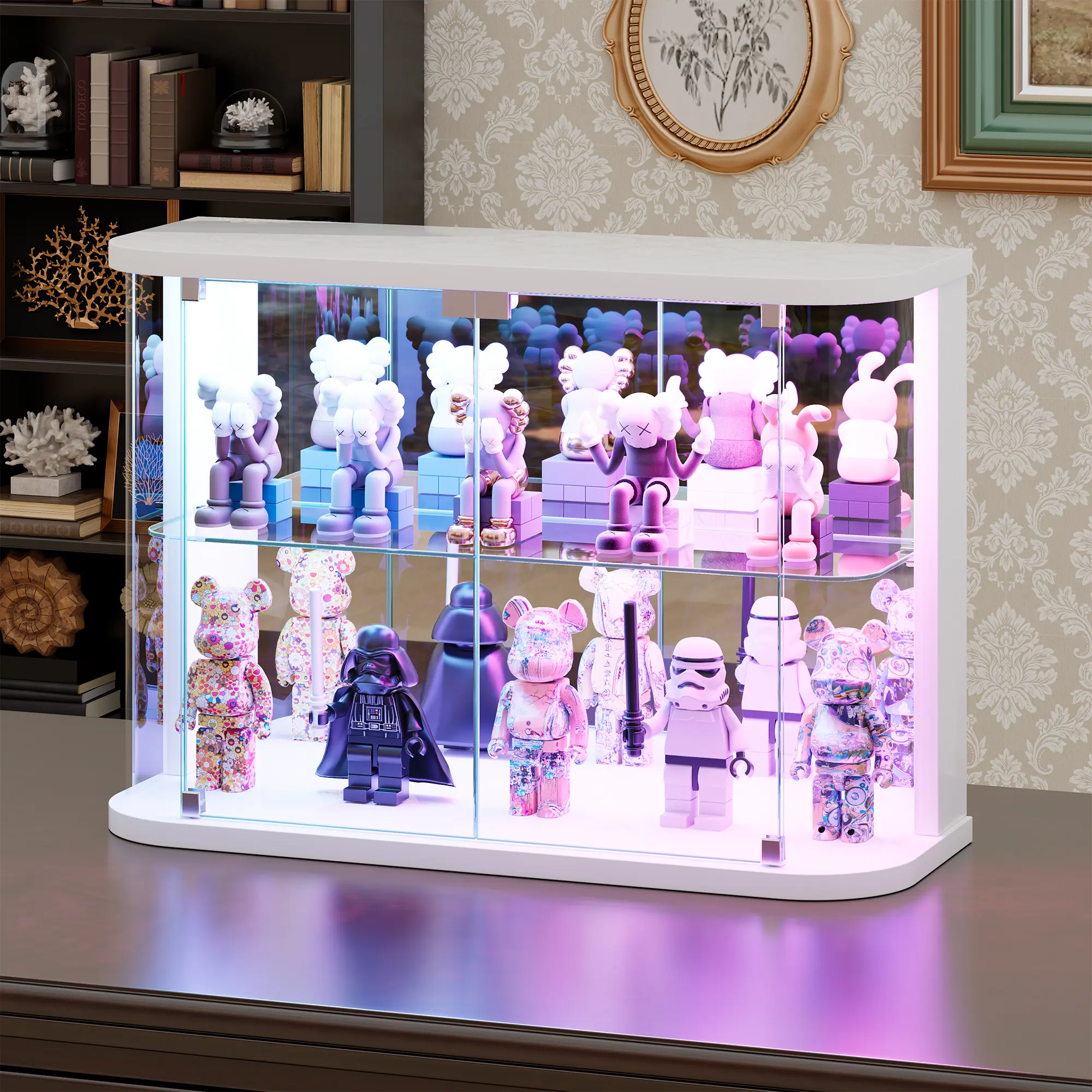 Lvifur Rounded Glass Display Case - for Figures & Collectibles, 2-Tier Curio Display Cabinet with RGB Lights, Small Lighted Display Box with Glass Door, Glass Shelf