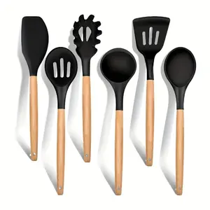 Wooden handle silicone kitchenware 6-piece set, suitable for non-stick cooking spatula, spoon, Nonstick cooking spoon, soft, durable, resistant to high temperatures and easy to clean, kitchenware set for families