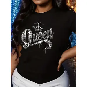 [Casual Queen T-Shirt] Comfortable Women's Crown & Queen Lettering Casual T-Shirt| Short Sleeve Round Neck Blouse, Medium-Stretch Everyday Top for Parties & Casual Wear - Machine Washable Wearable for Seasons