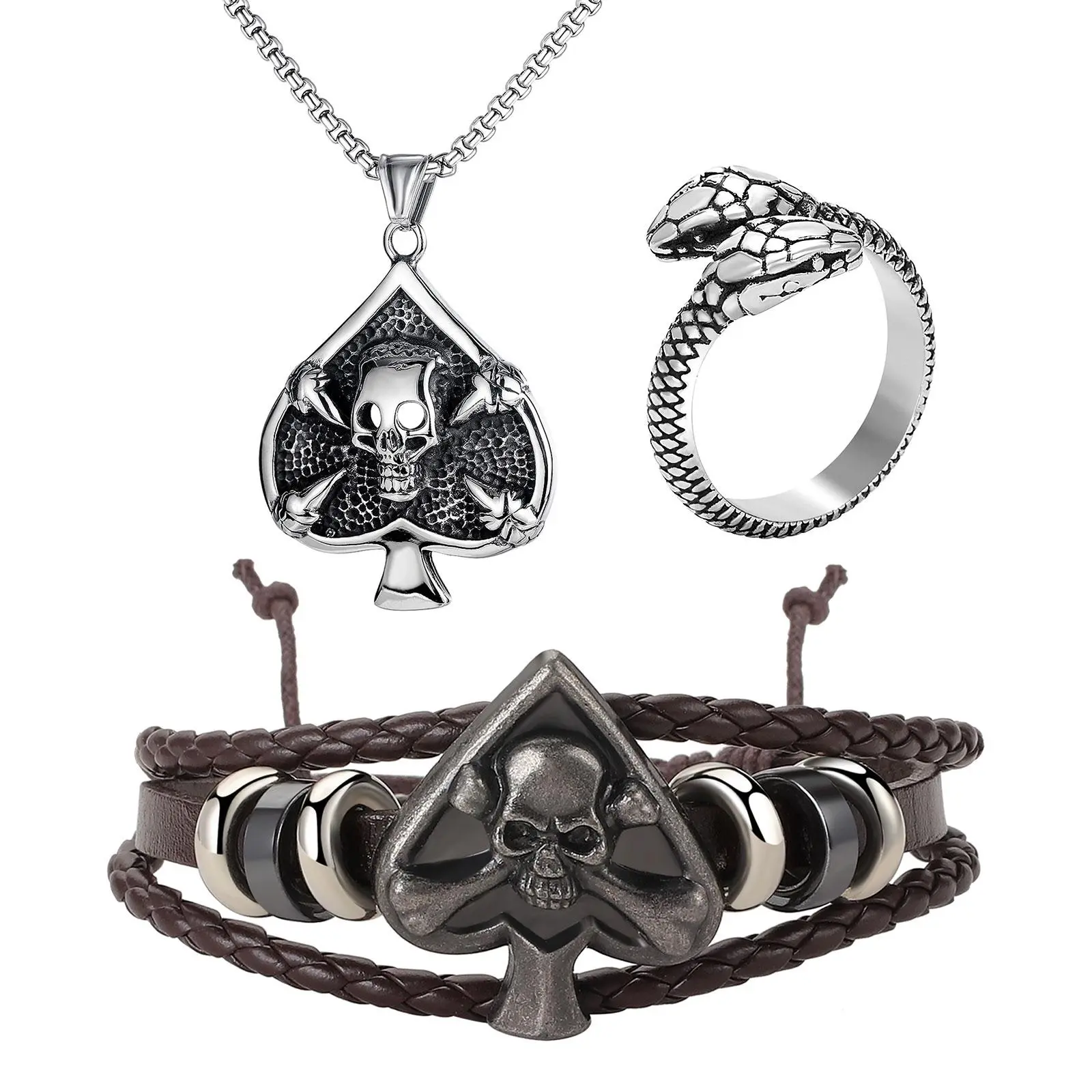 OIDEA Men's Gothic Skull Spade A Poker Card Necklace Bracelet and Snake Ring Set, Stainless Steel Hip Hop Punk Jewelry Gift for Men