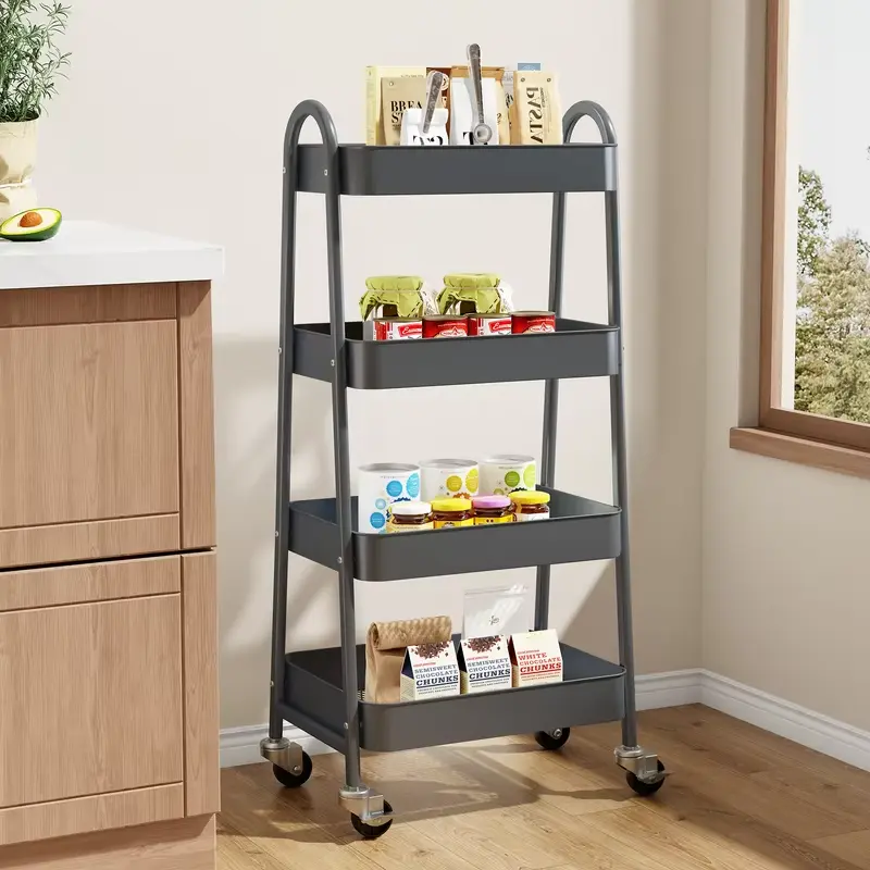 4-Tier Metal Kitchen Storage Cart with Lockable Wheels, Mobile Shelving Unit, Rolling Utility Organizer for Home Narrow Spaces (Pink White) – Rotating Makeup Skincare Folding Trolley, Corner Racks, Spice Holder, Multi-Layer Collapsible Dish Organizer