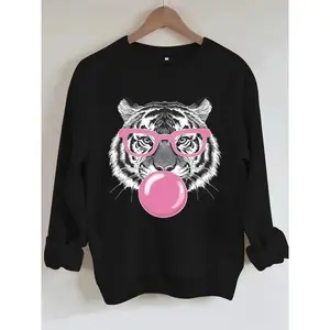 【FathersDayGift】Women’s Tiger Bubblegum Graphic Pullover Sweatshirt, Soft Cozy Long Sleeve Round Neck Casual Sweater for Trendy Streetwear, Everyday Outfits and Daily Wear