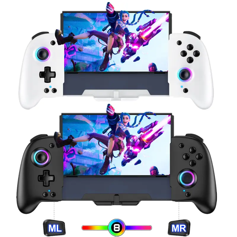 (No Screen Included! Only 1 Controller! Not for Switch 2!) Wireless Joypad Controller for Switch/OLED, 1-Piece Ergonomic Gaming Item with 9-Color Lights, Handheld-Mode Remote (Black/White) w/ Carabiner & Batteries, Console Accessory for Friends & Family