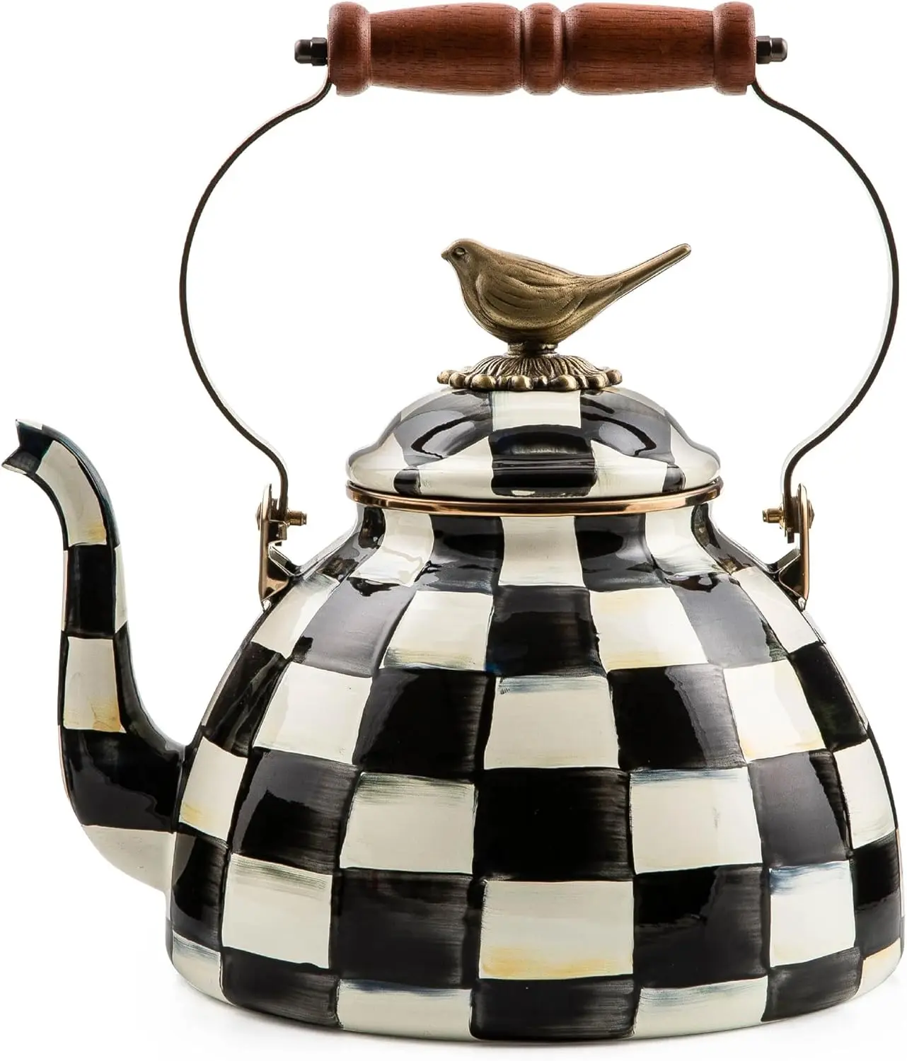 MACKENZIE-CHILDS Steel Enamel Stovetop Tea Kettle, 3-Qt Capacity, Black-and-White Courtly Check Design with Bird Topper, Cute Kitchen Kettle