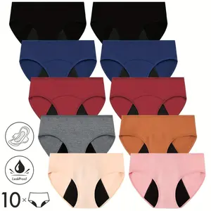 Women's 10 Pack Menstrual Underwear Seamless Solid Soft Period Panties with 3-Layer Leakproof Protection Mid Waist Full Coverage for Comfort & Protection